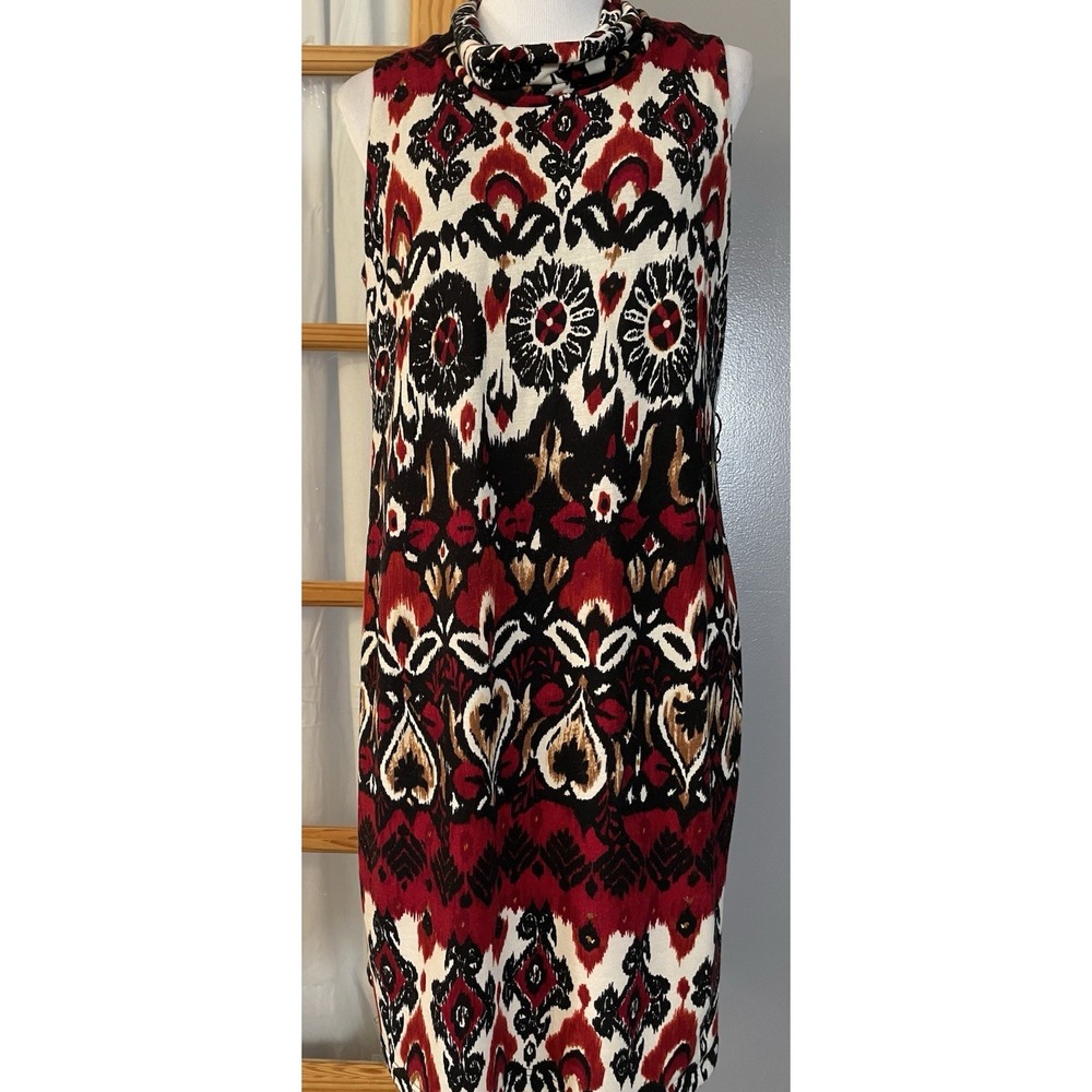 Vintage 80s Floral Aztec Mini Dress Sz M Cowl Neck Red Black Sleeveless Classic